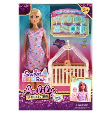 Лялька 616315 (24) висота 30 см, знімний одяг та взуття, немовля, дитяче ліжечко з балдахіном, набір посуду та іграшок для дитини, в коробці