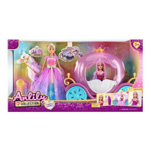 Лялька з каретою 616853 (6) підсвічування, висота ляльки 30 см, шарнірні кінцівки, намисто, корона, кінь із сідлом, карета, дверцята відчиняються, в коробці