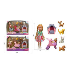 Лялька L 5-21 (96/2) 2 види, висота ляльки - 14 см, гумова голова, 5 фігурок тварин, лялька, будка, візочок, рухомі деталі, в коробці