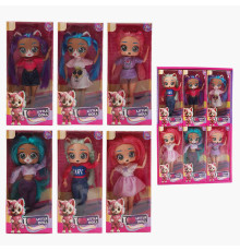 Лялька 697 A (18/2) ЦІНА ЗА 6 ШТУК В БЛОЦІ, висота 27 см, верхні кінцівки на шарнірах, гумова голова з вушками, обличчя тваринки, знімний одяг, в коробці