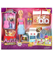 Лялька з аксесуарами 616256 (18) висота 30 см, знімний одяг та взуття, гриль, стіл та стільці, продукти, столовий та кухонний посуд, гітара, фотоапарат, улюбленець, візок, в коробці