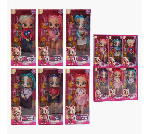 Лялька 697 A1 (18/2) ЦІНА ЗА 6 ШТУК В БЛОЦІ, висота 27 см, верхні кінцівки на шарнірах, гумова голова з вушками, обличчя тваринки, знімний одяг, песики в рюкзаку, аксесуари, в коробці