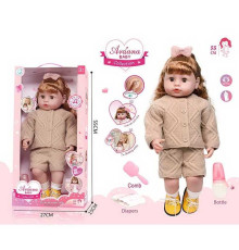 Лялька A 909 F (12/2) висота - 52 см, заплющує очі, ходить на горщик, звукові ефекти, прошите волосся, рухомі кінцівки, пляшечка, памперс, щітка для волосся, взуття, в коробці