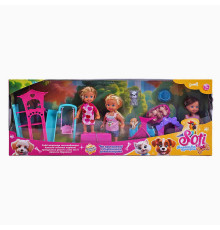 Набір ляльок Sofi 71630 (36/2) “На прогулянці з домашніми улюбленцями”, 3 ляльки, дитячий майданчик, 5 тваринок, аксесуари, висота ляльки 11 см, в коробці