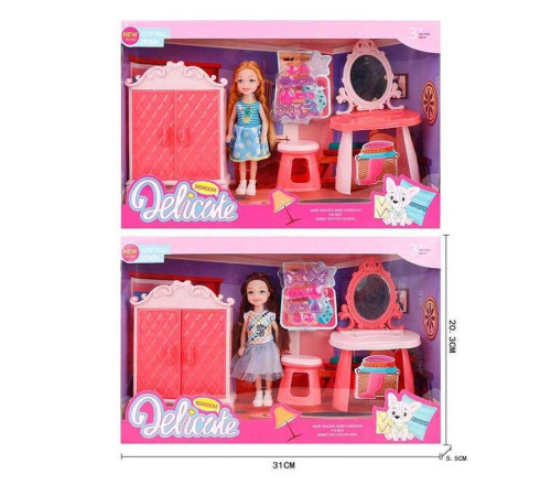 Лялька L 5-35 (96/2) 2 види, трюмо з дзеркалом, шкаф, стільчик, заколки, висота ляльки 14см, знімний одяг та взуття, в коробці