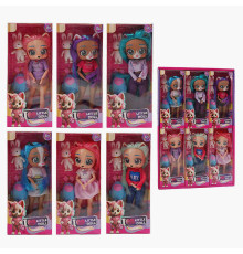 Лялька 697 A2 (18/2) ЦІНА ЗА 6 ШТУК В БЛОЦІ, висота 27 см, верхні кінцівки на шарнірах, гумова голова з вушками, обличчя тваринки, знімний одяг, зайчик, валізка, в коробці