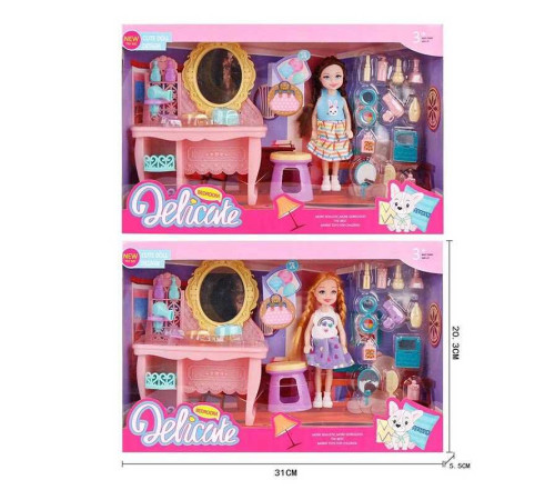 Лялька L 5-36 (96/2) 2 види, трюмо з дзеркалом, стільчик, палетка, парфуми, висота ляльки 14см, в коробці
