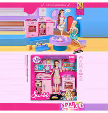 Лялька з меблями 7012 (24) кухонні меблі, посуд, продукти, висота ляльки 29 см, рухомі елементи, відкривні дверцята, в коробці