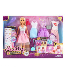 Лялька з аксесуарами 616292 (24) висота 29 см, шарнірні кінцівки, 2 сукні, 3 пари взуття, штани, футболка, 3 сумочки, гребінець, стікери, в коробці