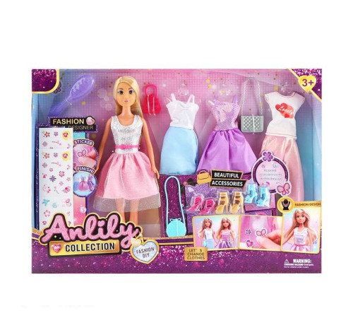 Лялька з аксесуарами 616292 (24) висота 29 см, шарнірні кінцівки, 2 сукні, 3 пари взуття, штани, футболка, 3 сумочки, гребінець, стікери, в коробці