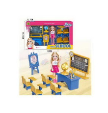 Лялька 9045-6 (36) "Школа", 9 елементів, висота ляльки 14см, глобус, 2 дошки, 4 парти, вчительський стіл, підзорна труба, в коробці