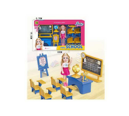 Лялька 9045-6 (36) "Школа", 9 елементів, висота ляльки 14см, глобус, 2 дошки, 4 парти, вчительський стіл, підзорна труба, в коробці