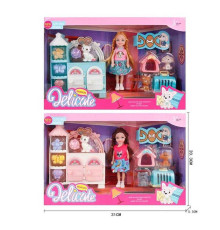 Лялька L 5-37 (96/2) 2 види, 3 улюбленці, будка, переноска, висота ляльки 14см, тумба, двері відчиняються, заколки, в коробці