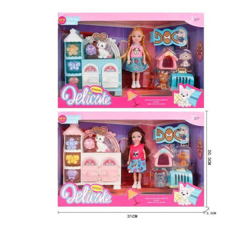 Лялька L 5-37 (96/2) 2 види, 3 улюбленці, будка, переноска, висота ляльки 14см, тумба, двері відчиняються, заколки, в коробці