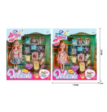 Лялька L 5-15 (96/2) 2 види, "Школа", будильник, ножиці, олівці, стаканчики, кошик, висота ляльки 14см, в коробці