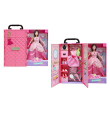 Лялька YS 2502 A (18/2) висота 30 см, шарнірні кінцівки, гардероб із поличками, 2 сукні на вішаках, гребінець, дзеркальце, пара взуття, 4 вішаки, в коробці