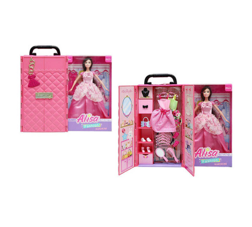 Лялька YS 2502 A (18/2) висота 30 см, шарнірні кінцівки, гардероб із поличками, 2 сукні на вішаках, гребінець, дзеркальце, пара взуття, 4 вішаки, в коробці