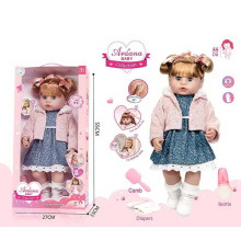 Лялька A 911 B (12/2) гумова, висота - 52 см, заплющує очі, функціональна, прошите волосся, рухомі кінцівки, пляшечка, памперс, ходить на горщик, щітка для волосся, взуття, в коробці