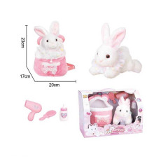 Зайченя з аксесуарами 933-143 E (8/2) звук серцебиття, рюкзак-переноска, пляшечка, фен, щітка, в коробці