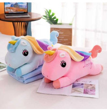 М`яка іграшка M 18203 (50) 2 кольори, "Єдиноріжка", довжина 50 см, лежача, плед 200х170 см