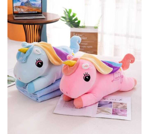 М`яка іграшка M 18203 (50) 2 кольори, "Єдиноріжка", довжина 50 см, лежача, плед 200х170 см