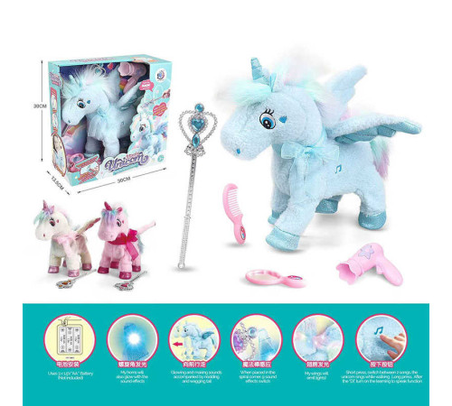 Інтерактивна іграшка 55 J-8 (24/2) "Єдиноріг", музика, звук, підсвічування, сенсорний датчик, повторює звуки, ходить, гребінець, дзеркало, фен, в коробці