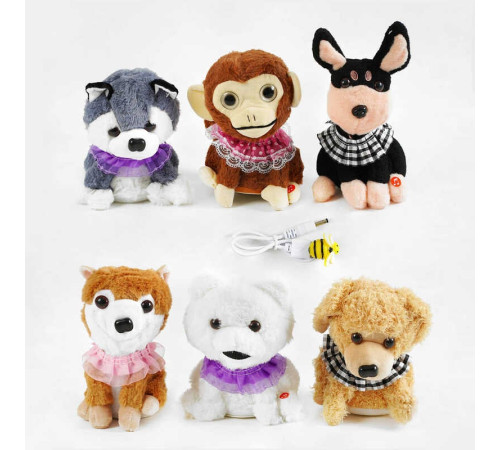 М'яка інтерактивна іграшка C 61639 (100) 6 видів, висота 22 см, рухає головою, повторюшка, магнітна бджілка, USB-кабель, пісні англійською мовою, ВИДАЄТЬСЯ ТІЛЬКИ МІКС ВИДІВ, у пакеті