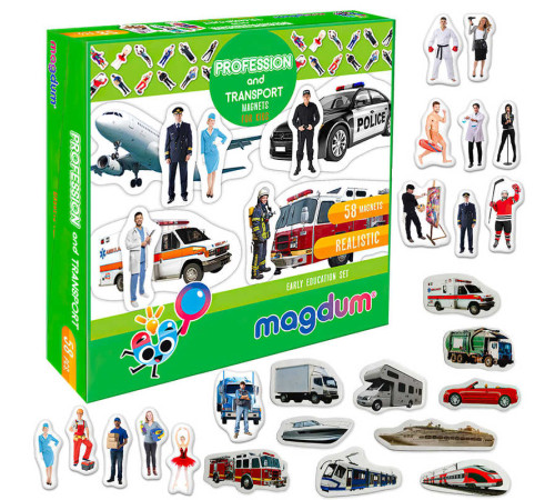 гр Набір магнітів "Професії і транспорт" ML4031-31 EN (24) "Magdum", англ. мова, 58 магнітів, в коробці