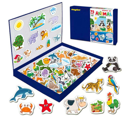 гр Набір магнітів "Світ тварин" ML4032-05 EN (10) "Magdum", 75 магнітів, магнітна дошка, в коробці
