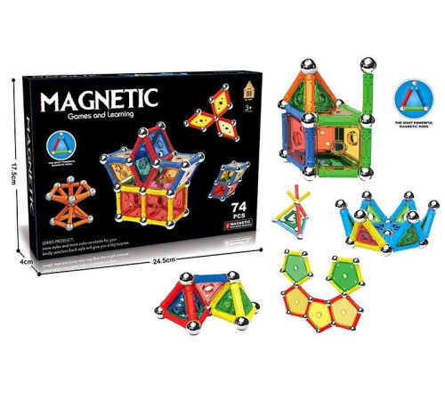 Магнітний конструктор AQ 2203 (72/2) 74 деталі, 6 типів елементів, інструкція, в коробці Магнітний конструктор AQ 2203 (72/2) 74 деталі, 6 типів елементів, інструкція, в коробці