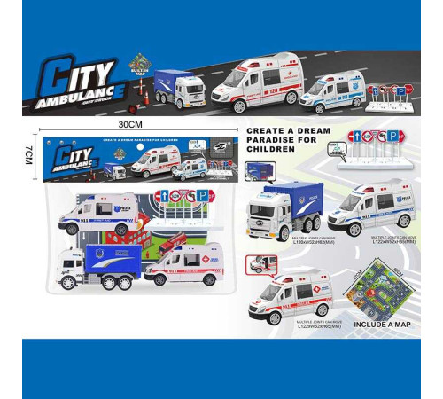 Набір машин JW 567-049 (96/2) “City Ambulance”, інерція, 3 машинки, килимок, в пакеті