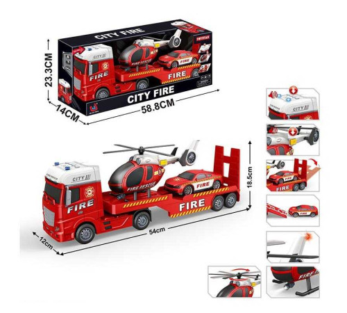 Трейлер 666-67 F (9) “Пожежна служба”, звуки, підсвічування, інерція, гумові шини, машинка, гвинтокрил, в коробці