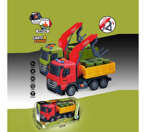 Машина музична 687-59 B (24/2) 2 кольори, "Вантажівка", підсвічування, звукові ефекти, механічне підіймання стріли, інерція, рухомі деталі, бочки, в коробці, ВИДАЄТЬСЯ МІКС ВИДІВ