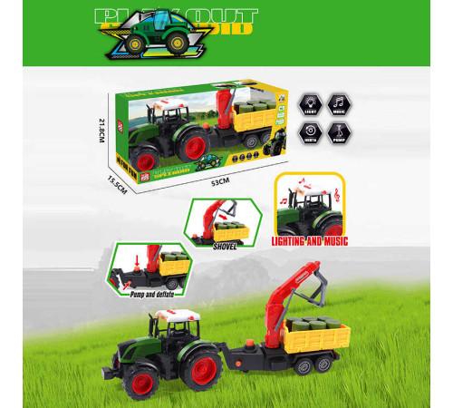 Трактор 687-149 B (18/2) довжина: 50 см, причеп - самоскид, кран, інерція, підсвічування, звук, помповий підіймач, вантаж, капот підіймається, в коробці