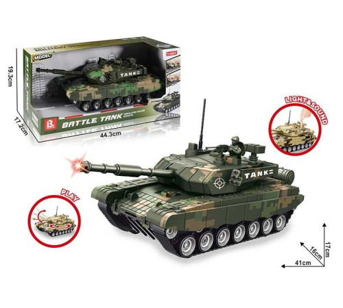 Танк 58024 A (16) довжина 40см, світло, звук, корпус відкривається, башта обертається, рухомий люк та руки солдатика, в коробці