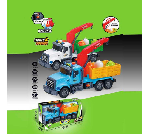 Машина музична 687-47 C (24/2) 2 кольори, "Вантажівка", підсвічування, звукові ефекти, механічне підіймання стріли, інерція, рухомі деталі, в коробці, ВИДАЄТЬСЯ МІКС ВИДІВ
