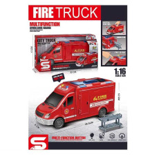 Спецтехніка JS 126 E (36) “Пожежна машина”, 1:16, звуки, підсвічування, інерція, відкриваються дверцята, гумові шини, в коробці