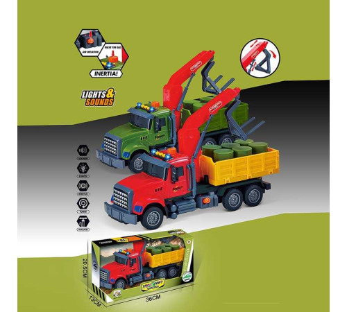 Машина музична 687-48 B (24/2) 2 кольори, "Вантажівка", підсвічування, звукові ефекти, механічне підіймання стріли, інерція, рухомі деталі, бочки, в коробці, ВИДАЄТЬСЯ МІКС ВИДІВ