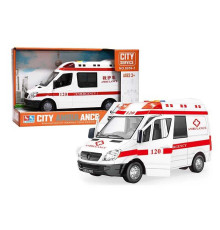 Спецтехніка 8059-1 (24/2) “Швидка допомога”, на батарейках, підсвічування, інерція, відчиняються дверцята, звуки, в коробці