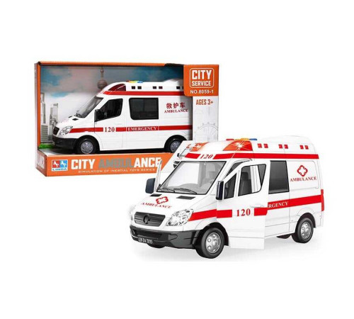 Спецтехніка 8059-1 (24/2) “Швидка допомога”, на батарейках, підсвічування, інерція, відчиняються дверцята, звуки, в коробці