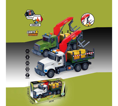 Машина музична 687-49 B (24/2) 2 кольори, "Вантажівка", підсвічування, звукові ефекти, механічне підіймання стріли, інерція, аксесуари, в коробці, ВИДАЄТЬСЯ МІКС ВИДІВ
