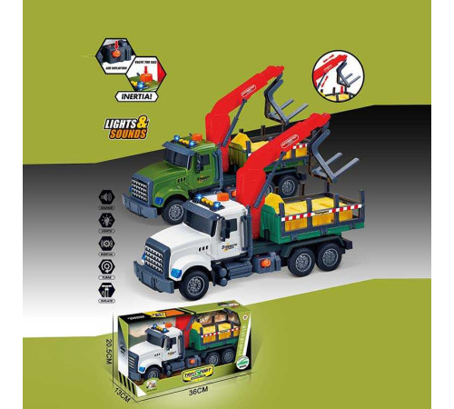 Машина музична 687-49 C (24/2) 2 кольори, "Вантажівка", підсвічування, звукові ефекти, механічне підіймання стріли, інерція, аксесуари, в коробці, ВИДАЄТЬСЯ МІКС ВИДІВ