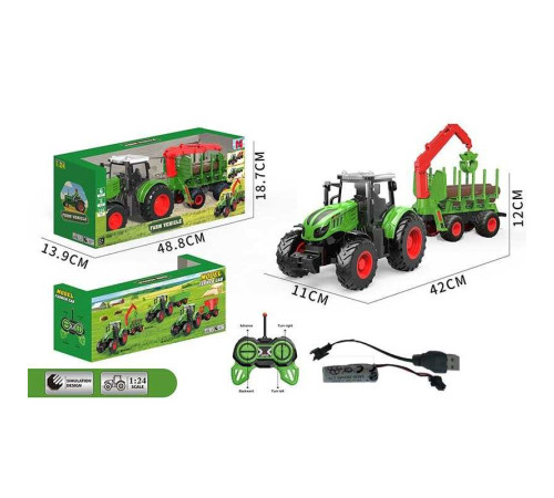 Трактор на радіокеруванні 99-90 B (24) довжина 42 см, масштаб 1:24, гумові шини, навісне обладнання, причіп, 3 шматки деревини, акумулятор 3.7 V, пульт керування, в коробці