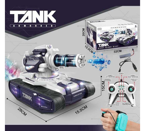 Танк на радіокеруванні 399 D-9 (18) пульт 2.4 GHz, акумулятор 3.7 V, сенсорний браслет, стріляє орбізами, генерує пару, звуки, підсвічування, орбізи, пляшечка, дріт, в коробці