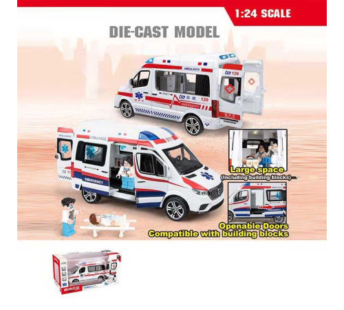 Машинка 2408 C (12) "Швидка допомога", звук, підсвічування, інерція, металопластик, відчиняються двері, ігрові фігурки, в коробці