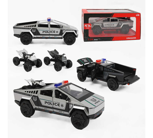 Машинка A 2469 (24) 2 види, “Поліція”, металопластик, інерція, звуки, підсвічування, масштаб 1:24, відчиняються двері та капот, 2 режими роботи, квадроцикл, в коробці