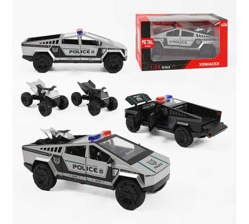 Машинка C 2469 (32) 2 види, “Поліція”, металопластик, інерція, звуки, підсвічування, масштаб 1:24, відчиняються двері та капот, 2 режими роботи, квадроцикл, в коробці