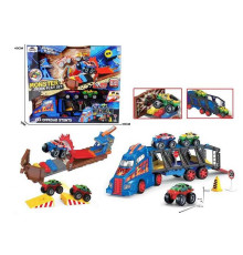 Трейлер HC 38074 (12/2) автовоз, 5 машинок, металопластик, рампа для трюків, механічний запускач, рухомі деталі, перешкоди, дорожні знаки, в коробці