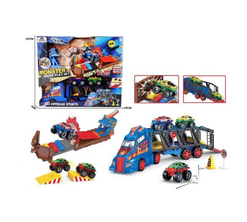 Трейлер HC 38074 (12/2) автовоз, 5 машинок, металопластик, рампа для трюків, механічний запускач, рухомі деталі, перешкоди, дорожні знаки, в коробці