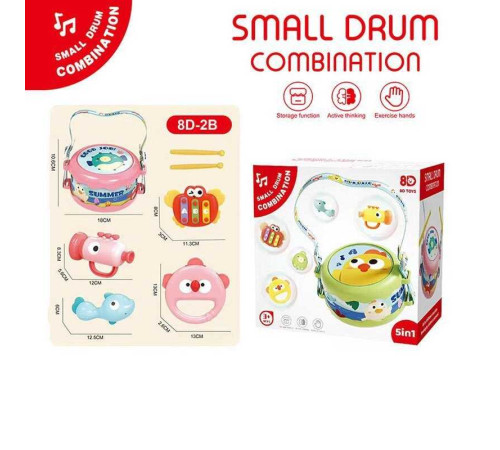 Музичні інструменти 8 D 2 A (36) барабан, бубон, маракаси-брязкальце, труба, ксилофон, барабанні палички, ремінці, гумові елементи, в коробці